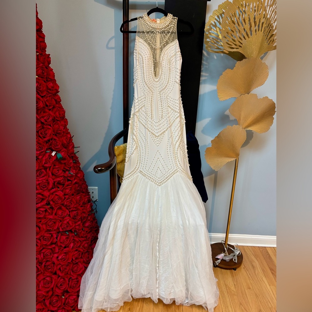 Jovani White Pearl Evening Prom Wedding Gown